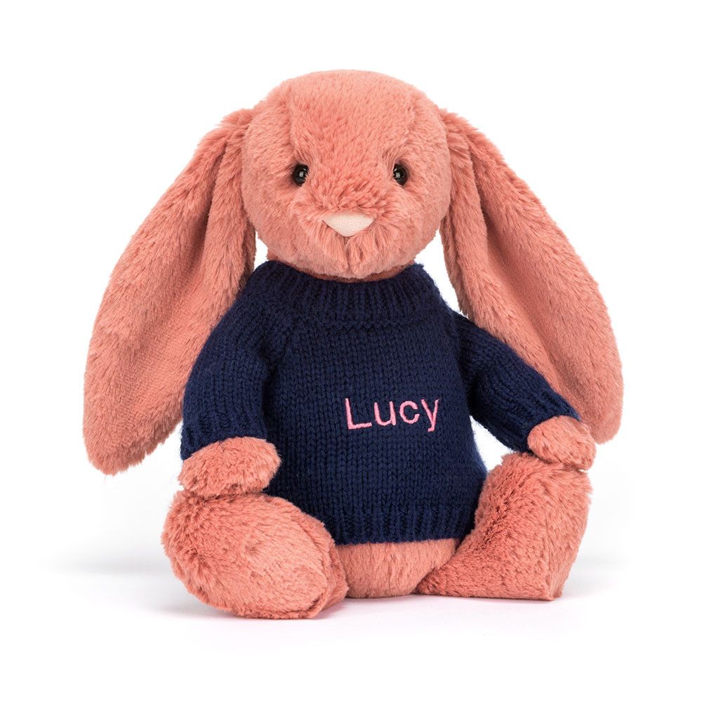 Bashful Sorrel Bunny with Personalised Navy Jumper